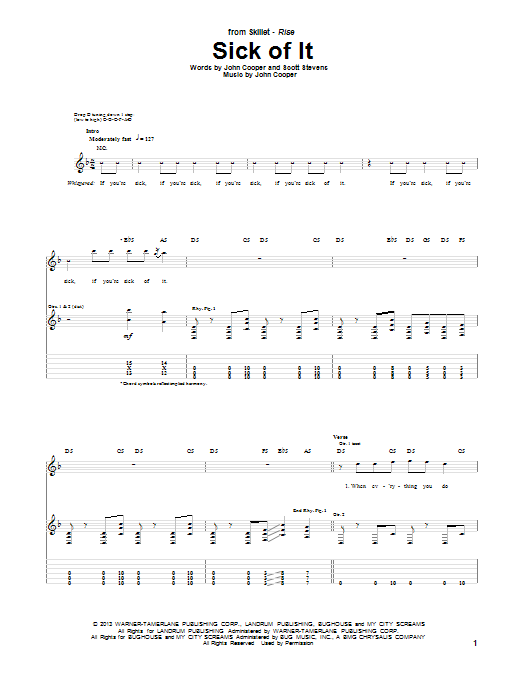 Download Skillet Sick Of It Sheet Music and learn how to play Guitar Tab PDF digital score in minutes