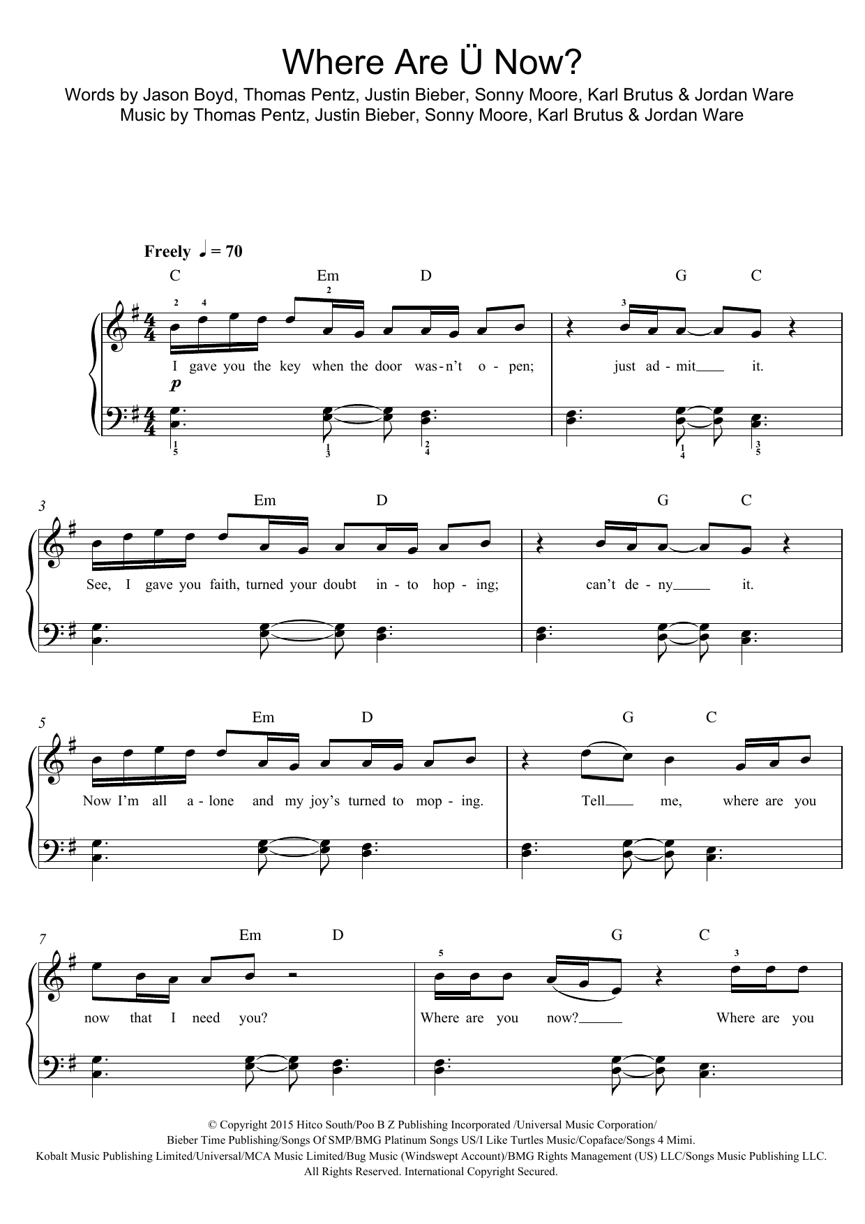 Download Skrillex & Diplo present Jack Ü Where Are U Now (feat. Justin Bieber) Sheet Music and learn how to play Beginner Piano PDF digital score in minutes
