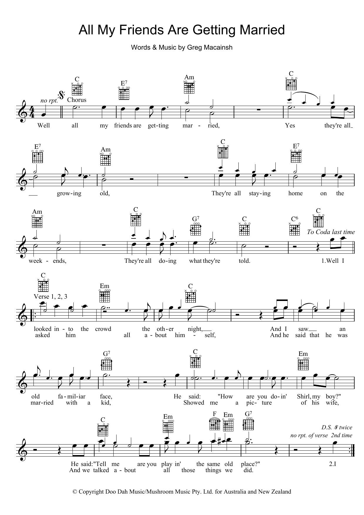 Download Skyhooks All My Friends Are Getting Married Sheet Music and learn how to play Melody Line, Lyrics & Chords PDF digital score in minutes