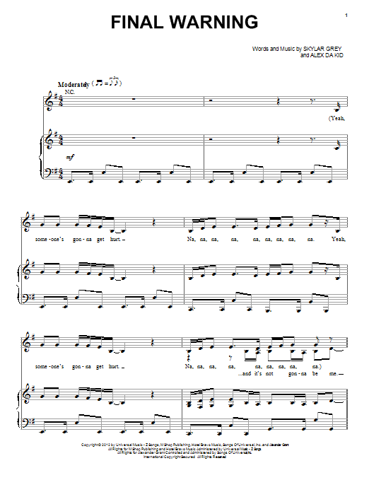 Download Skylar Grey Final Warning Sheet Music and learn how to play Piano, Vocal & Guitar (Right-Hand Melody) PDF digital score in minutes