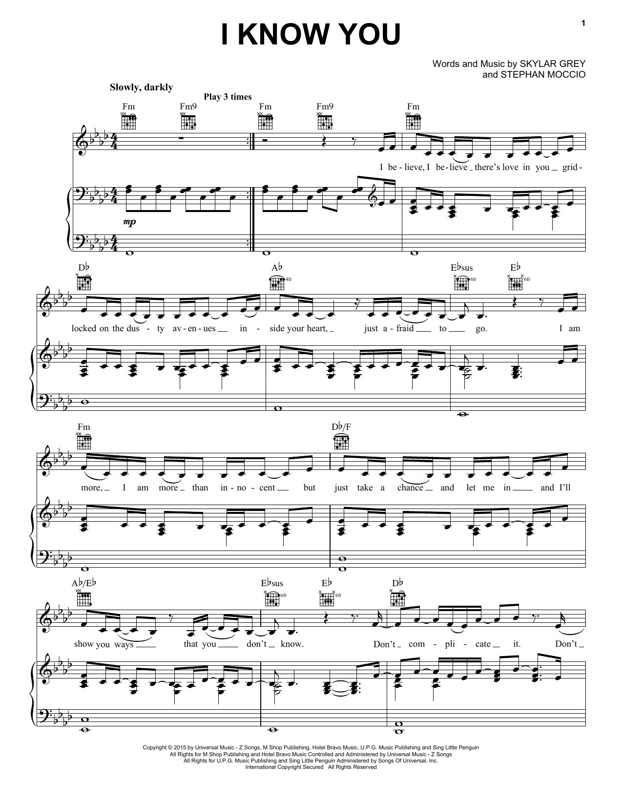 Download Skylar Grey I Know You Sheet Music and learn how to play Piano, Vocal & Guitar (Right-Hand Melody) PDF digital score in minutes