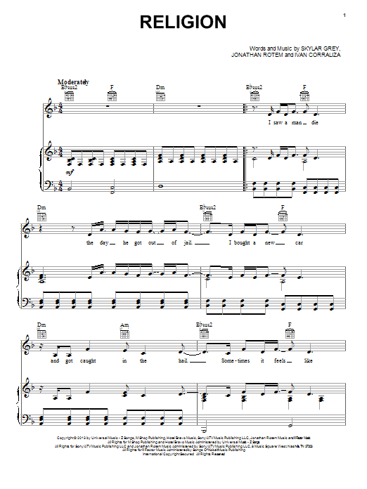 Download Skylar Grey Religion Sheet Music and learn how to play Piano, Vocal & Guitar (Right-Hand Melody) PDF digital score in minutes