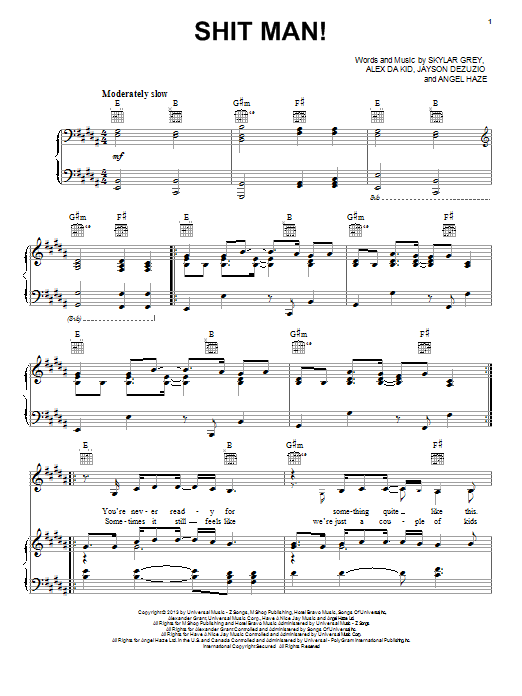 Download Skylar Grey Shit Man! Sheet Music and learn how to play Piano, Vocal & Guitar (Right-Hand Melody) PDF digital score in minutes