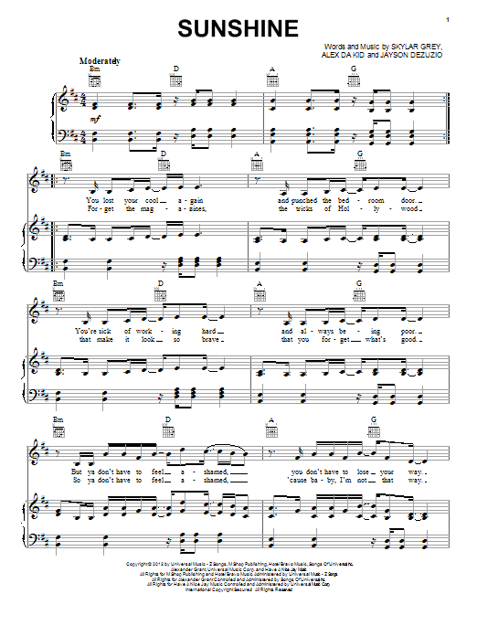 Download Skylar Grey Sunshine Sheet Music and learn how to play Piano, Vocal & Guitar (Right-Hand Melody) PDF digital score in minutes