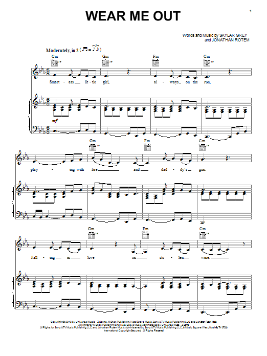 Download Skylar Grey Wear Me Out Sheet Music and learn how to play Piano, Vocal & Guitar (Right-Hand Melody) PDF digital score in minutes