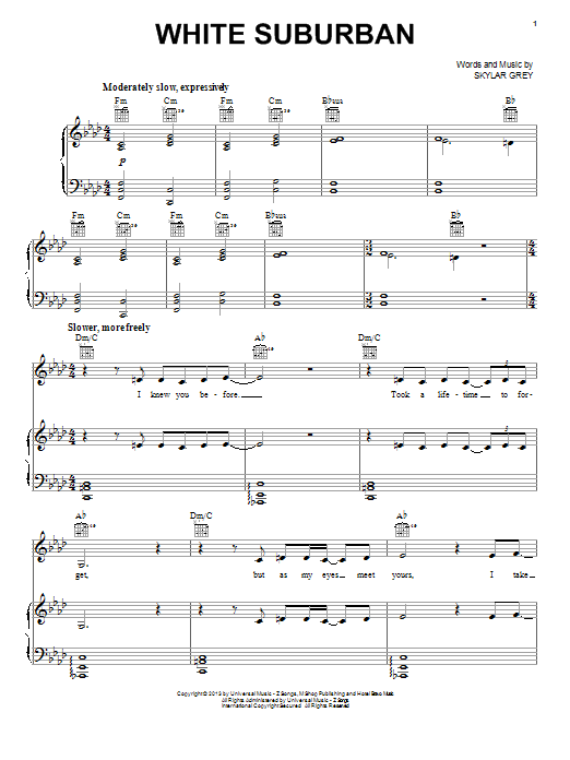 Download Skylar Grey White Suburban Sheet Music and learn how to play Piano, Vocal & Guitar (Right-Hand Melody) PDF digital score in minutes