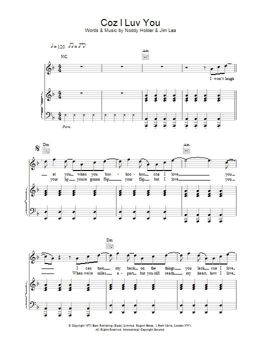 Download Slade Coz I Luv You Sheet Music and learn how to play Piano, Vocal & Guitar PDF digital score in minutes