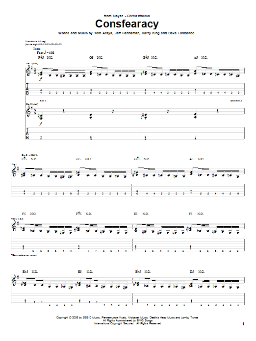 Download Slayer Consfearacy Sheet Music and learn how to play Guitar Tab PDF digital score in minutes