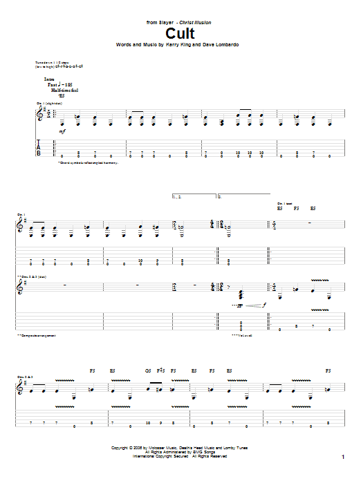 Download Slayer Cult Sheet Music and learn how to play Guitar Tab PDF digital score in minutes