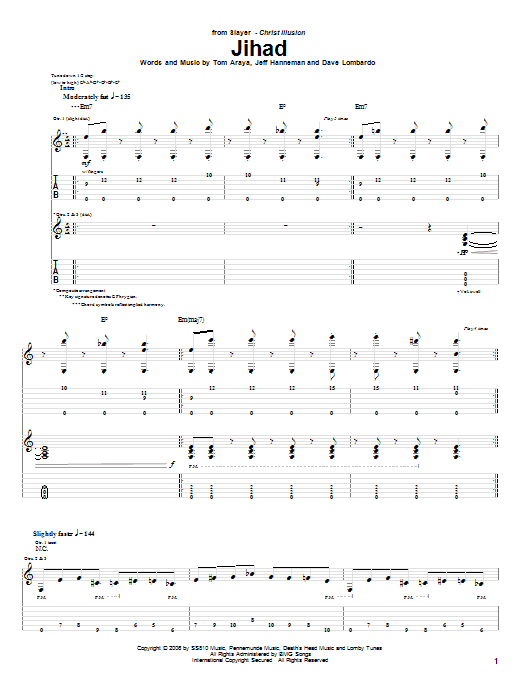 Download Slayer Jihad Sheet Music and learn how to play Guitar Tab PDF digital score in minutes
