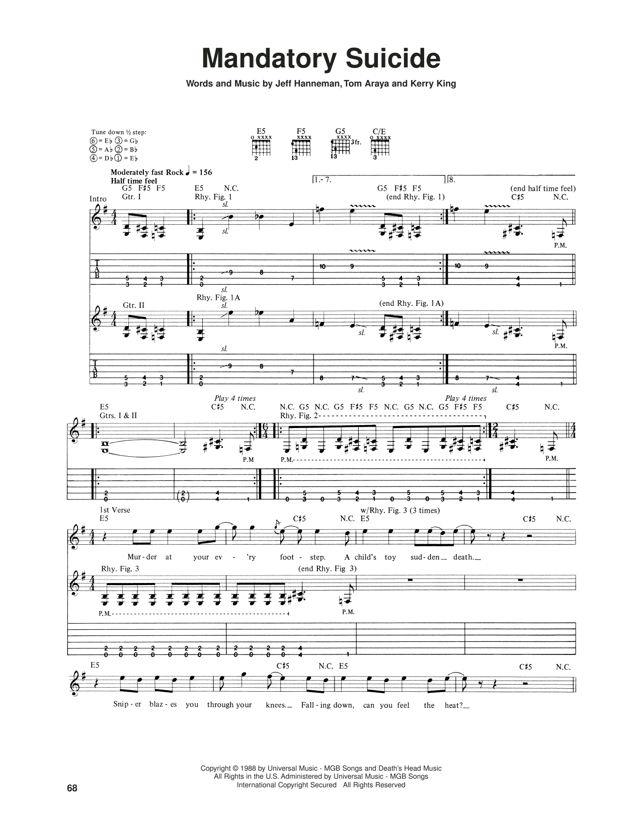 Download Slayer Mandatory Suicide Sheet Music and learn how to play Guitar Tab PDF digital score in minutes