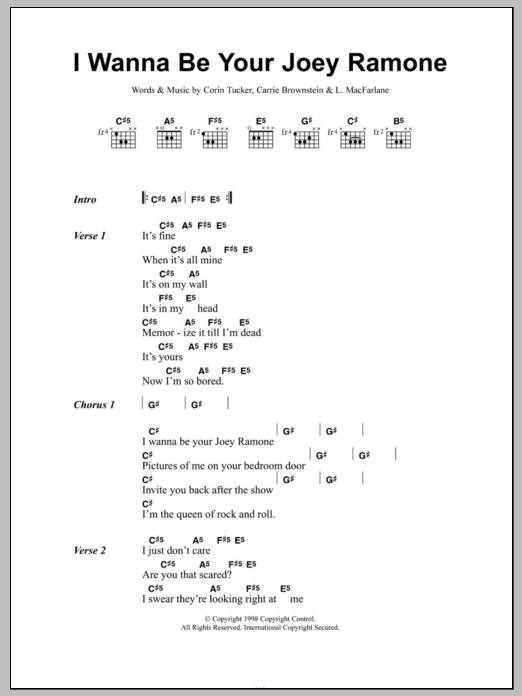 Download Sleater-Kinney I Wanna Be Your Joey Ramone Sheet Music and learn how to play Lyrics & Chords PDF digital score in minutes