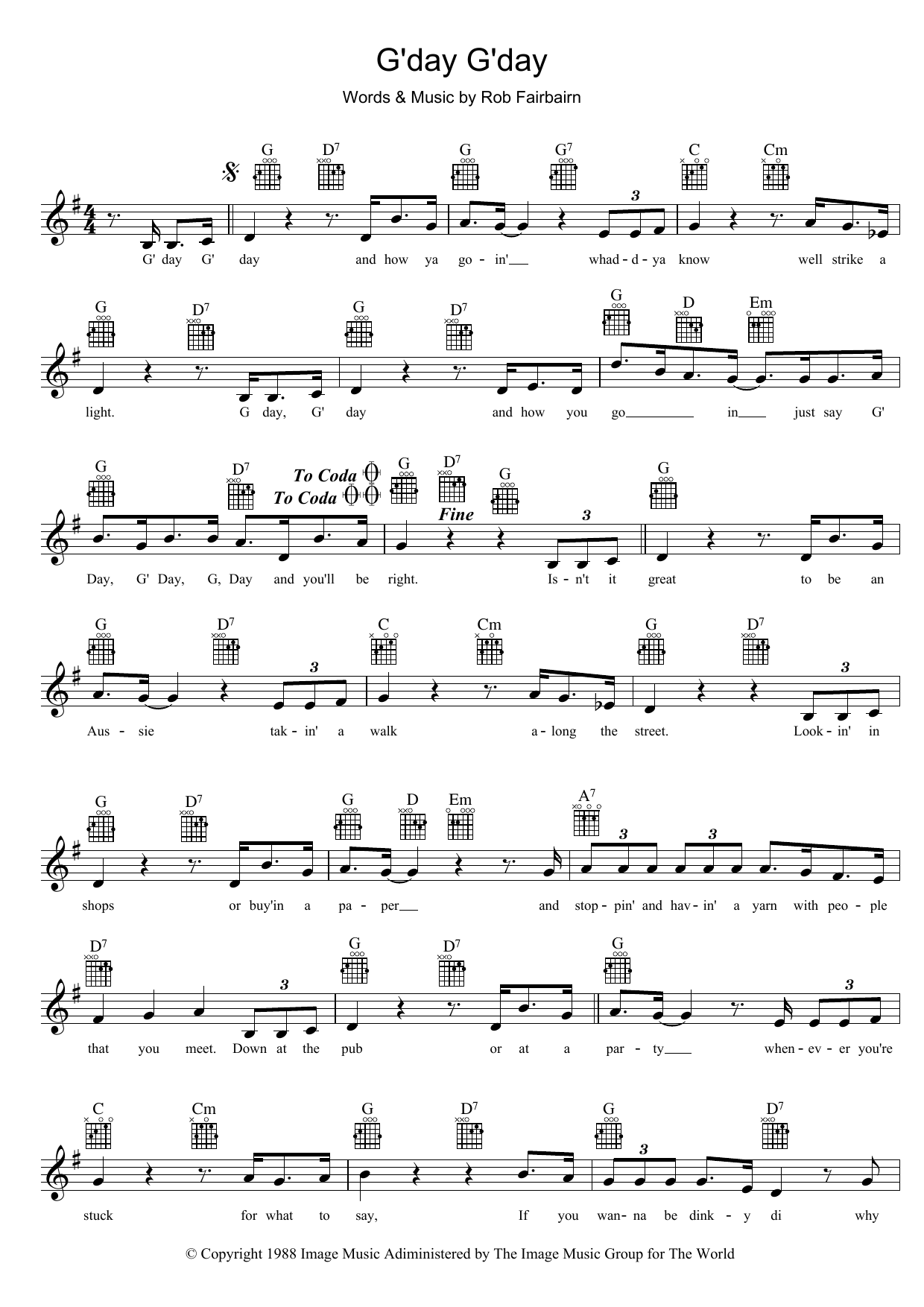 Download Slim Dusty G'day, G'day Sheet Music and learn how to play Melody Line, Lyrics & Chords PDF digital score in minutes