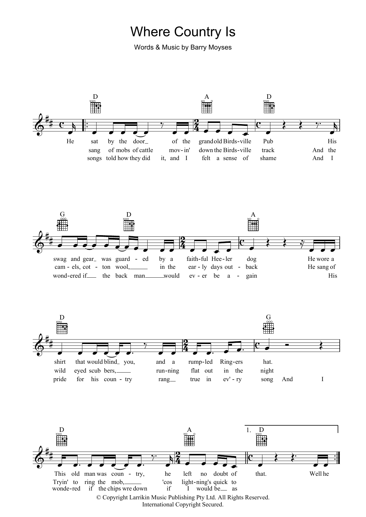 Download Slim Dusty Where Country Is Sheet Music and learn how to play Melody Line, Lyrics & Chords PDF digital score in minutes