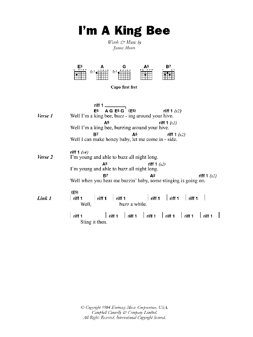 Download Slim Harpo I'm A King Bee Sheet Music and learn how to play Lyrics & Chords PDF digital score in minutes