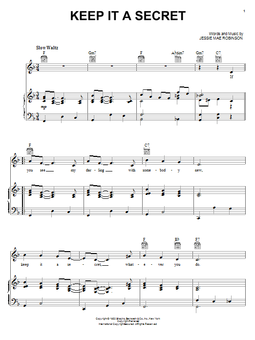 Download Slim Whitman Keep It A Secret Sheet Music and learn how to play Piano, Vocal & Guitar (Right-Hand Melody) PDF digital score in minutes