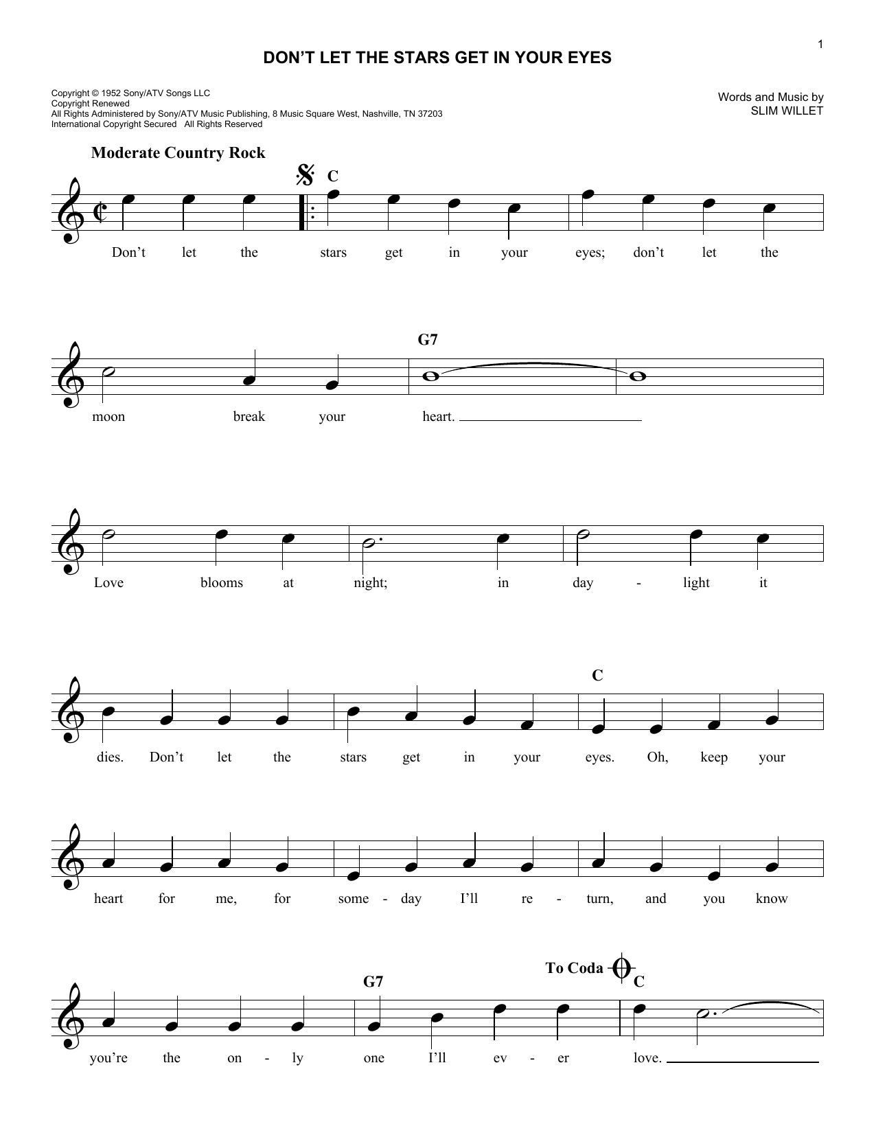 Download Slim Willet Don't Let The Stars Get In Your Eyes Sheet Music and learn how to play Melody Line, Lyrics & Chords PDF digital score in minutes
