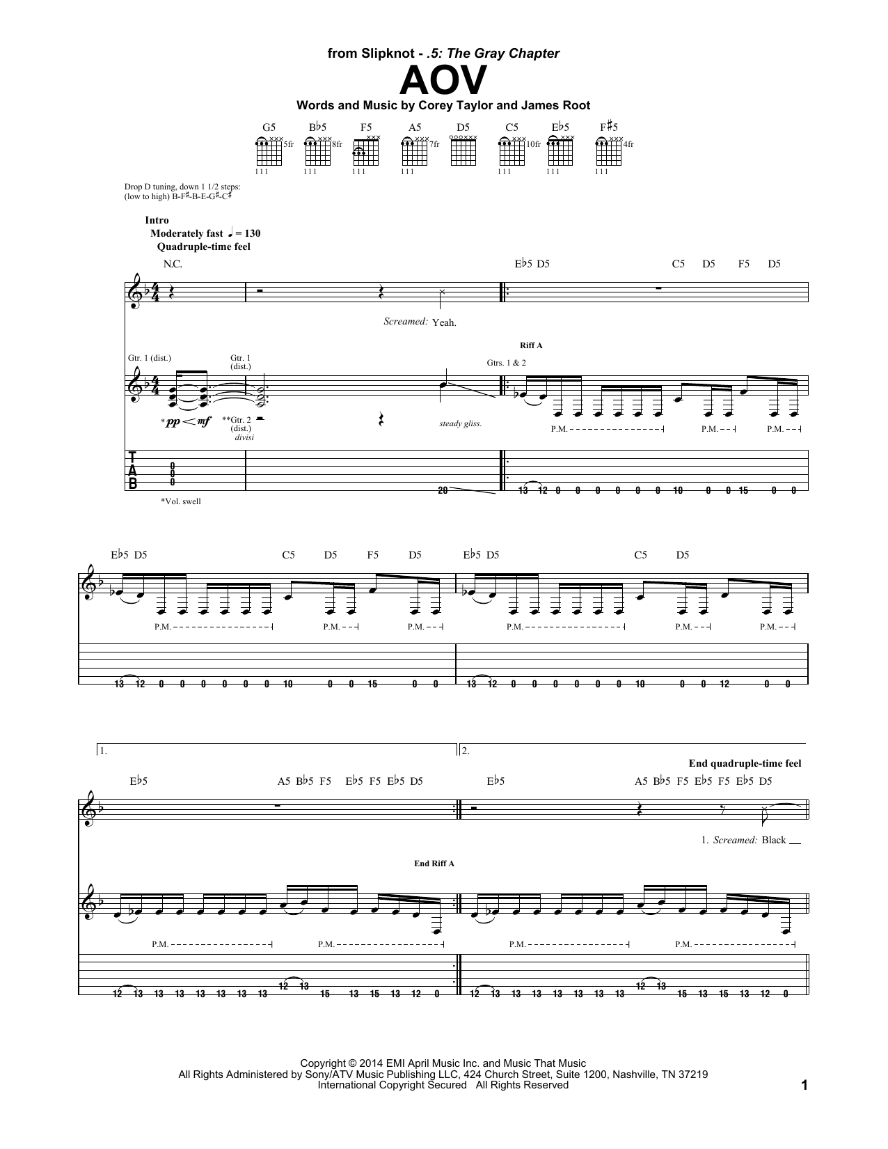 Download Slipknot AOV Sheet Music and learn how to play Guitar Tab PDF digital score in minutes