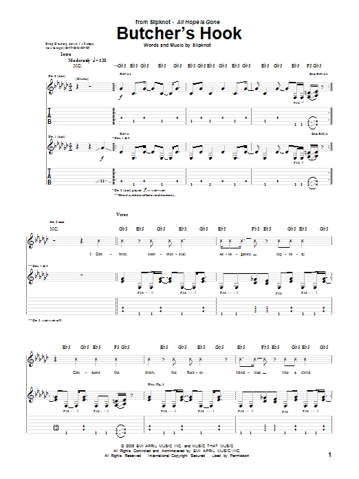Download Slipknot Butcher's Hook Sheet Music and learn how to play Guitar Tab PDF digital score in minutes