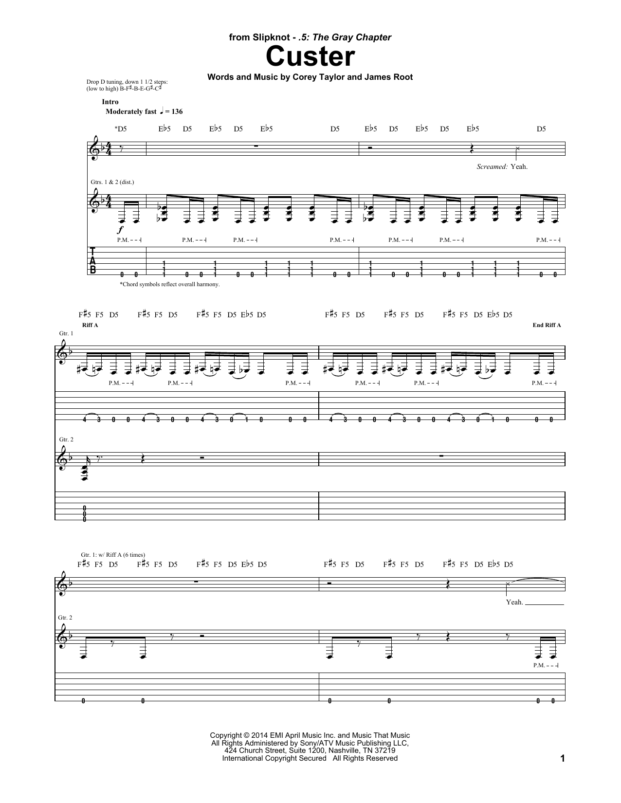 Download Slipknot Custer Sheet Music and learn how to play Guitar Tab PDF digital score in minutes