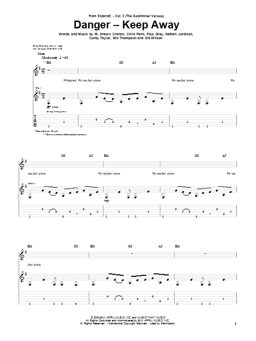 Download Slipknot Danger - Keep Away Sheet Music and learn how to play Guitar Tab PDF digital score in minutes