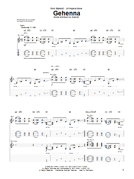 Download Slipknot Gehenna Sheet Music and learn how to play Guitar Tab PDF digital score in minutes