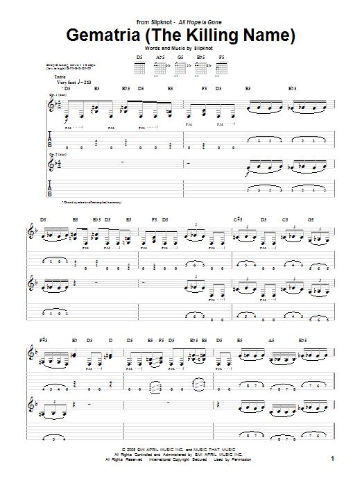 Download Slipknot Gematria (The Killing Name) Sheet Music and learn how to play Guitar Tab PDF digital score in minutes