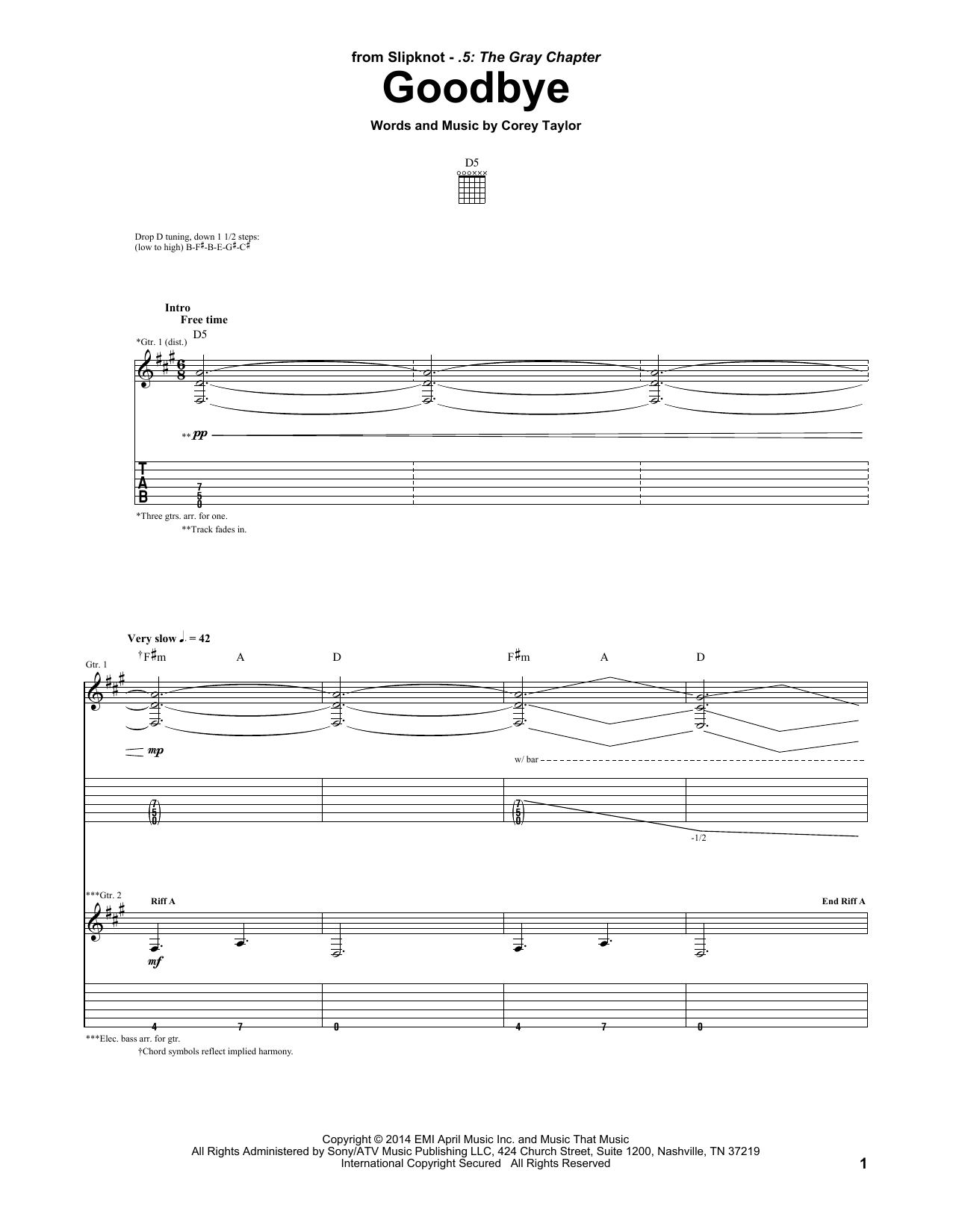 Download Slipknot Goodbye Sheet Music and learn how to play Guitar Tab PDF digital score in minutes