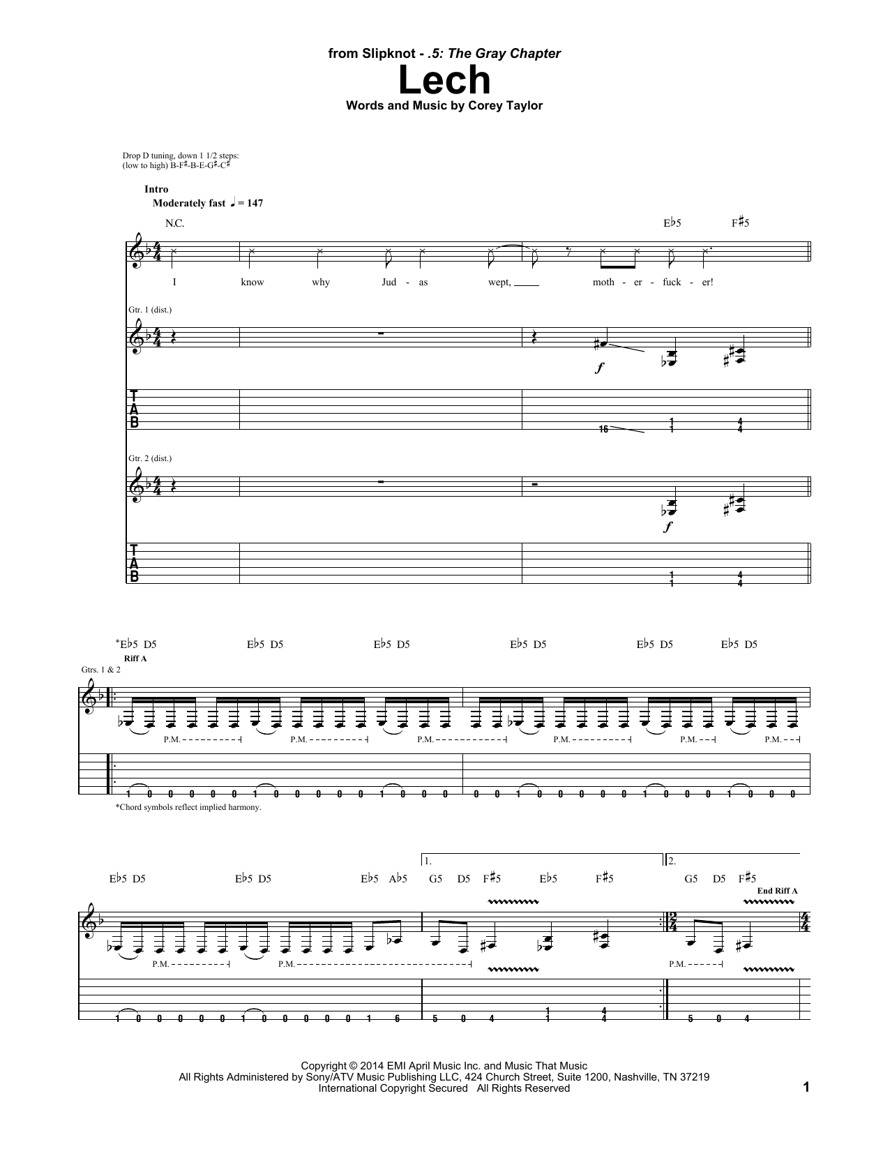 Download Slipknot Lech Sheet Music and learn how to play Guitar Tab PDF digital score in minutes