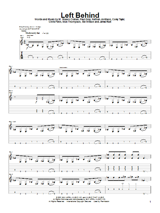 Download Slipknot Left Behind Sheet Music and learn how to play Guitar Tab PDF digital score in minutes