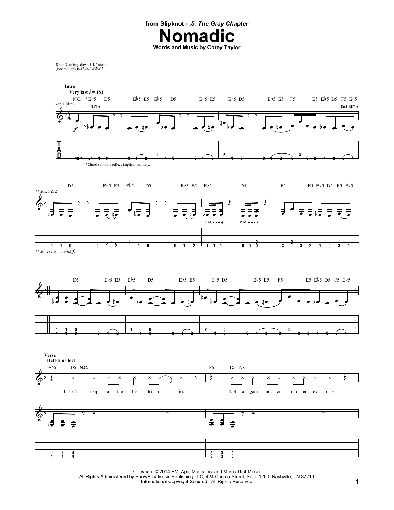 Download Slipknot Nomadic Sheet Music and learn how to play Guitar Tab PDF digital score in minutes