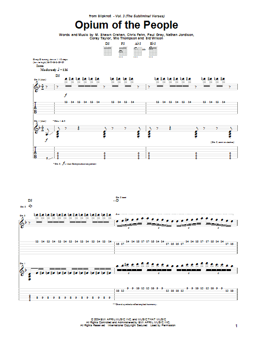 Download Slipknot Opium Of The People Sheet Music and learn how to play Guitar Tab PDF digital score in minutes