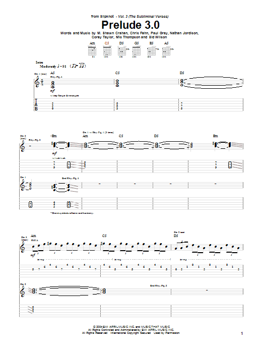 Download Slipknot Prelude 3.0 Sheet Music and learn how to play Guitar Tab PDF digital score in minutes