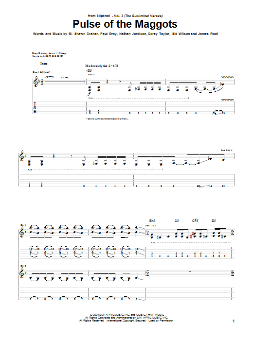 Download Slipknot Pulse Of The Maggots Sheet Music and learn how to play Guitar Tab PDF digital score in minutes