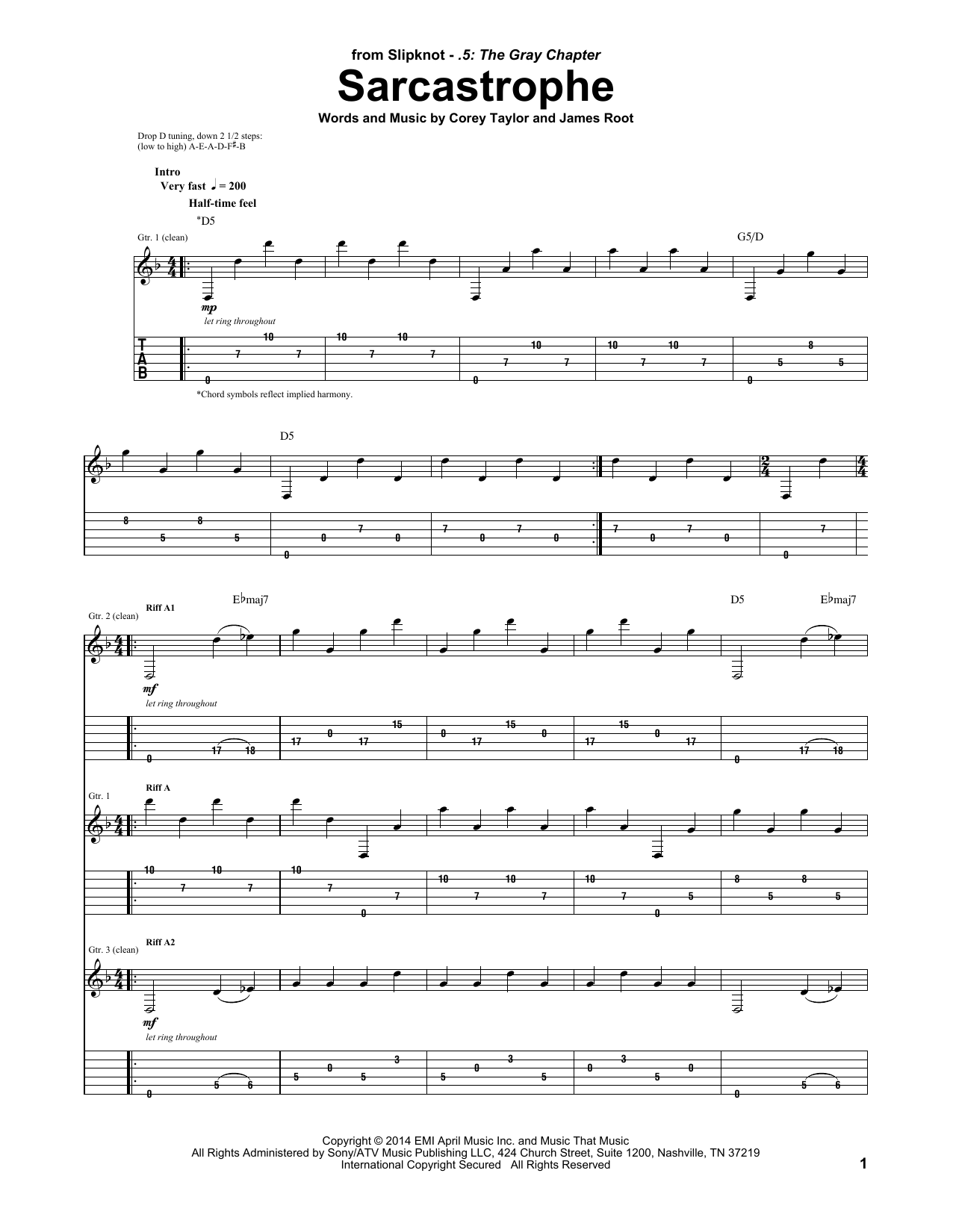 Download Slipknot Sarcastrophe Sheet Music and learn how to play Guitar Tab PDF digital score in minutes
