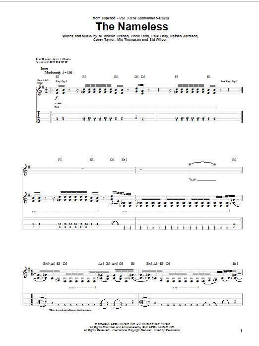 Download Slipknot The Nameless Sheet Music and learn how to play Guitar Tab PDF digital score in minutes