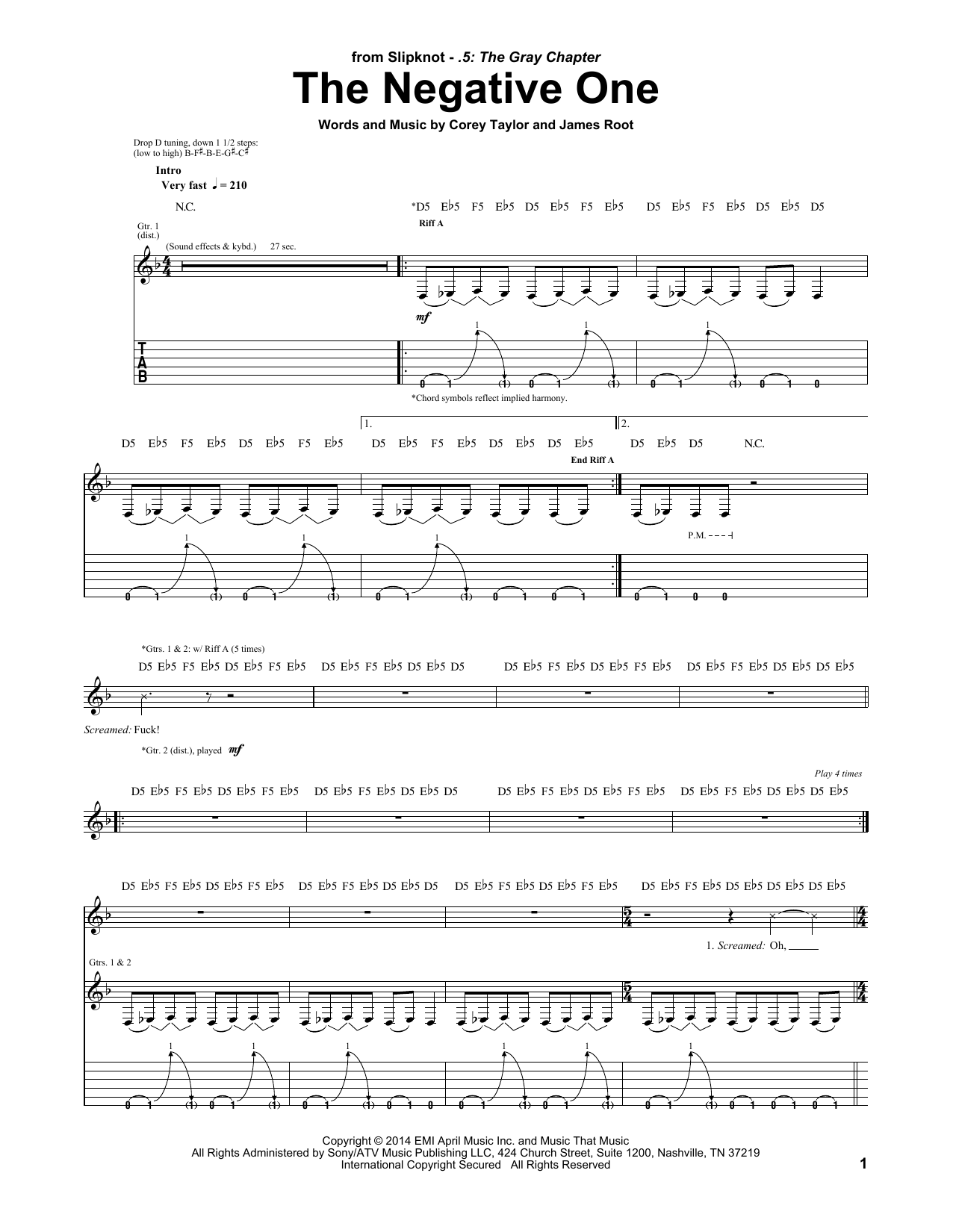 Download Slipknot The Negative One Sheet Music and learn how to play Guitar Tab PDF digital score in minutes