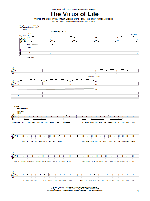 Download Slipknot The Virus Of Life Sheet Music and learn how to play Guitar Tab PDF digital score in minutes