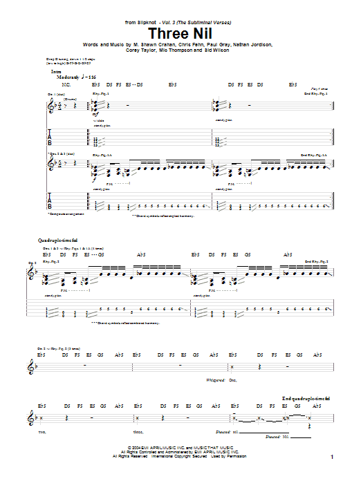 Download Slipknot Three Nil Sheet Music and learn how to play Guitar Tab PDF digital score in minutes