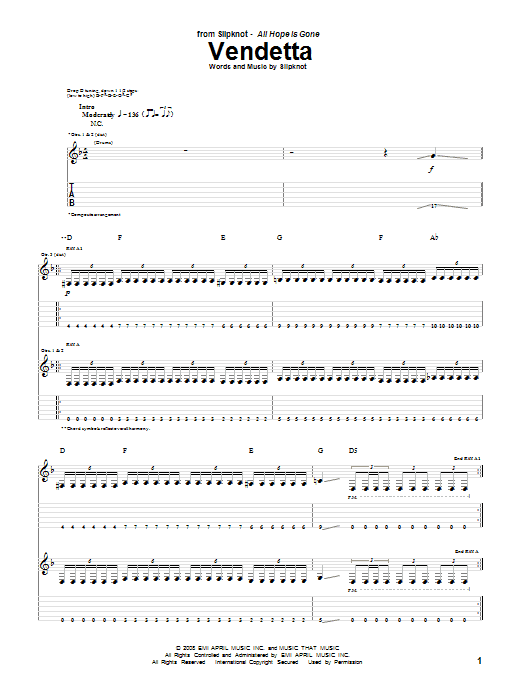 Download Slipknot Vendetta Sheet Music and learn how to play Guitar Tab PDF digital score in minutes