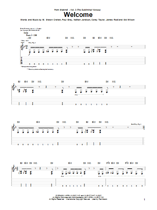 Download Slipknot Welcome Sheet Music and learn how to play Guitar Tab PDF digital score in minutes