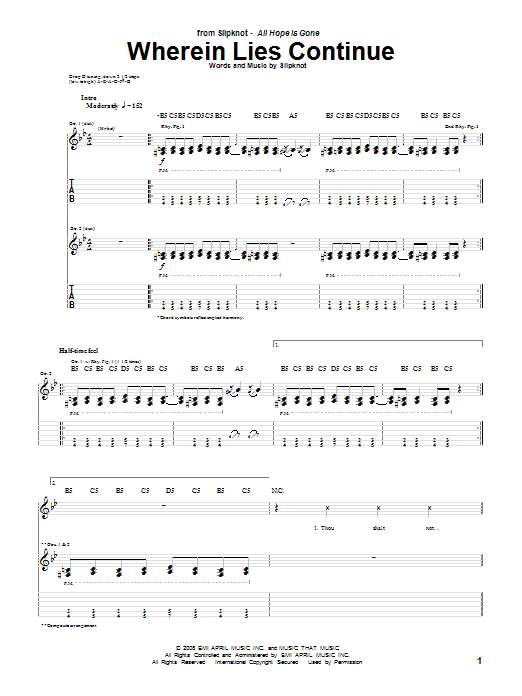 Download Slipknot Wherein Lies Continue Sheet Music and learn how to play Guitar Tab PDF digital score in minutes