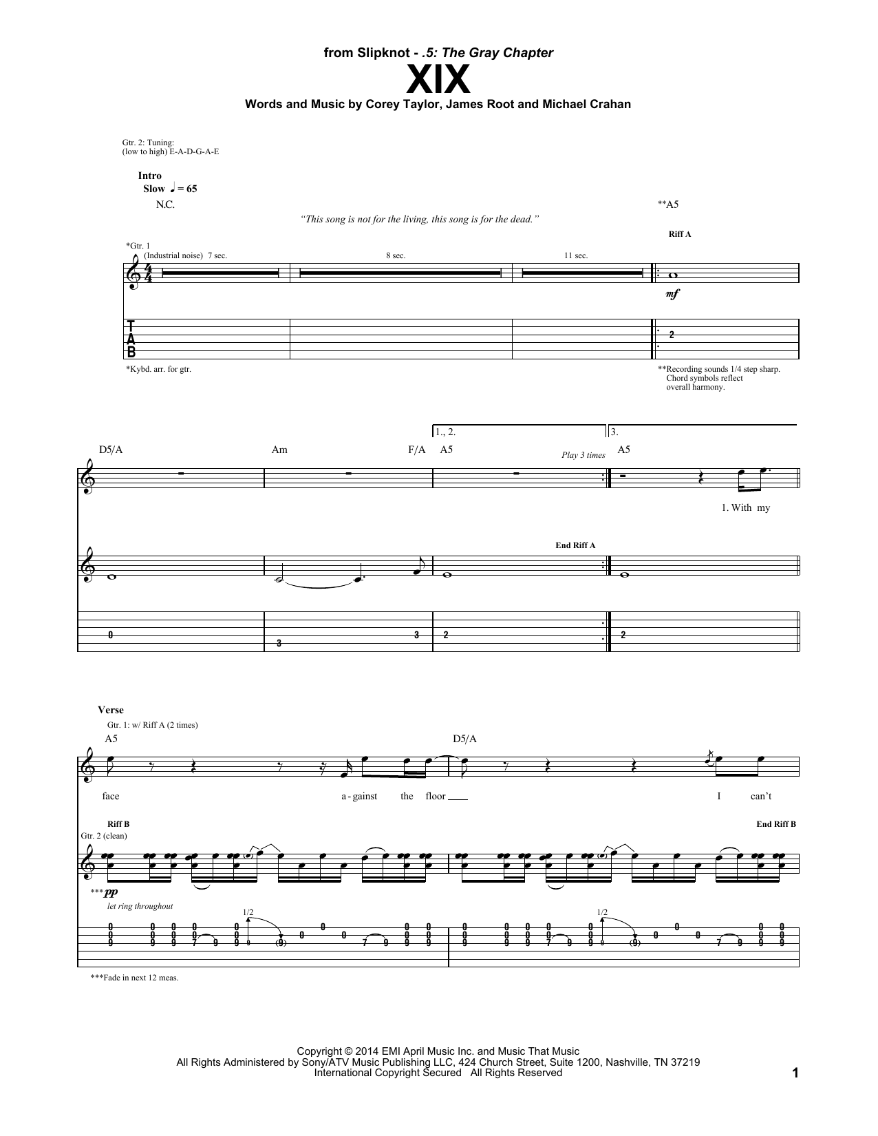 Download Slipknot XIX Sheet Music and learn how to play Guitar Tab PDF digital score in minutes