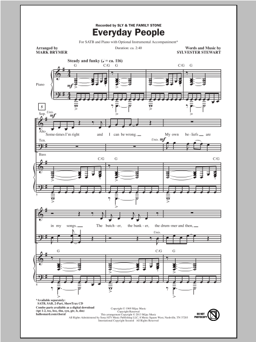 Download Sly & The Family Stone Everyday People (arr. Mark Brymer) Sheet Music and learn how to play SATB PDF digital score in minutes
