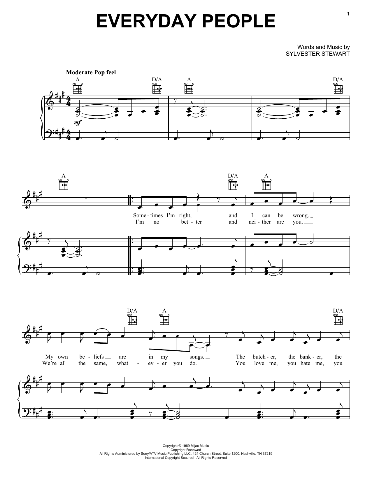 Download Sly & The Family Stone Everyday People Sheet Music and learn how to play Guitar Chords/Lyrics PDF digital score in minutes