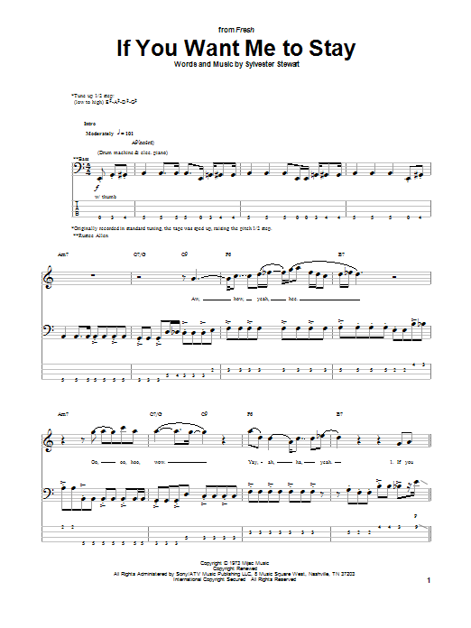 Download Sly & The Family Stone If You Want Me To Stay Sheet Music and learn how to play Bass Guitar Tab PDF digital score in minutes