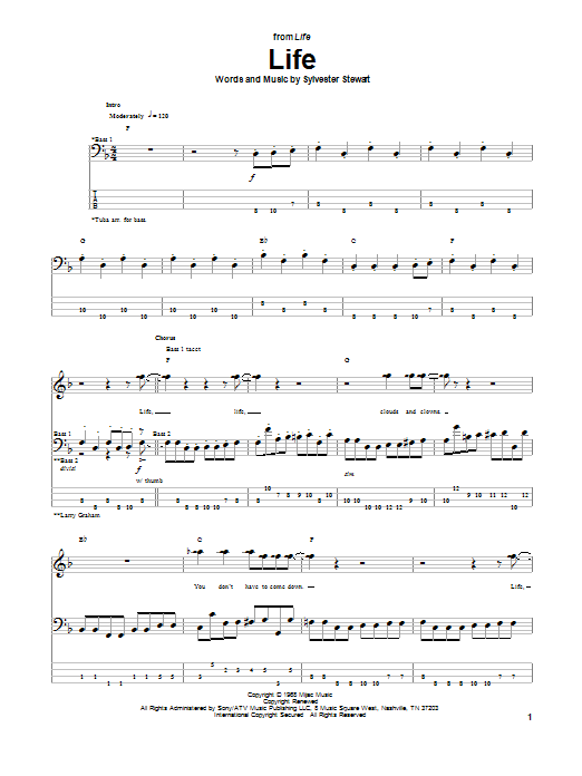 Download Sly & The Family Stone Life Sheet Music and learn how to play Bass Guitar Tab PDF digital score in minutes