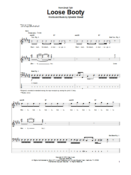 Download Sly & The Family Stone Loose Booty Sheet Music and learn how to play Bass Guitar Tab PDF digital score in minutes