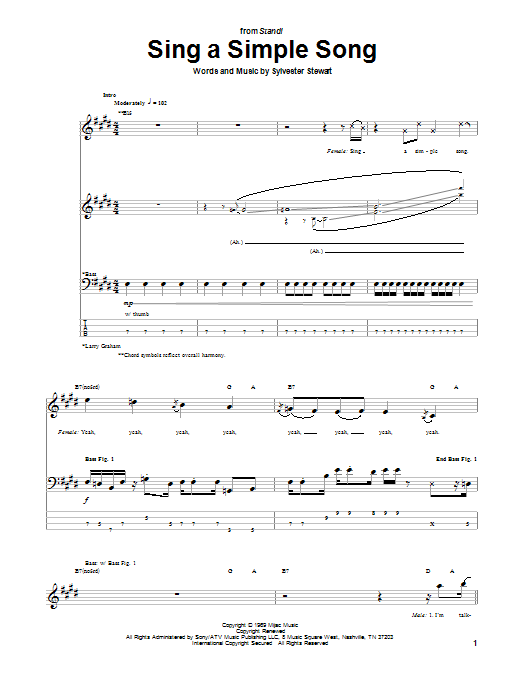 Download Sly & The Family Stone Sing A Simple Song Sheet Music and learn how to play Bass Guitar Tab PDF digital score in minutes