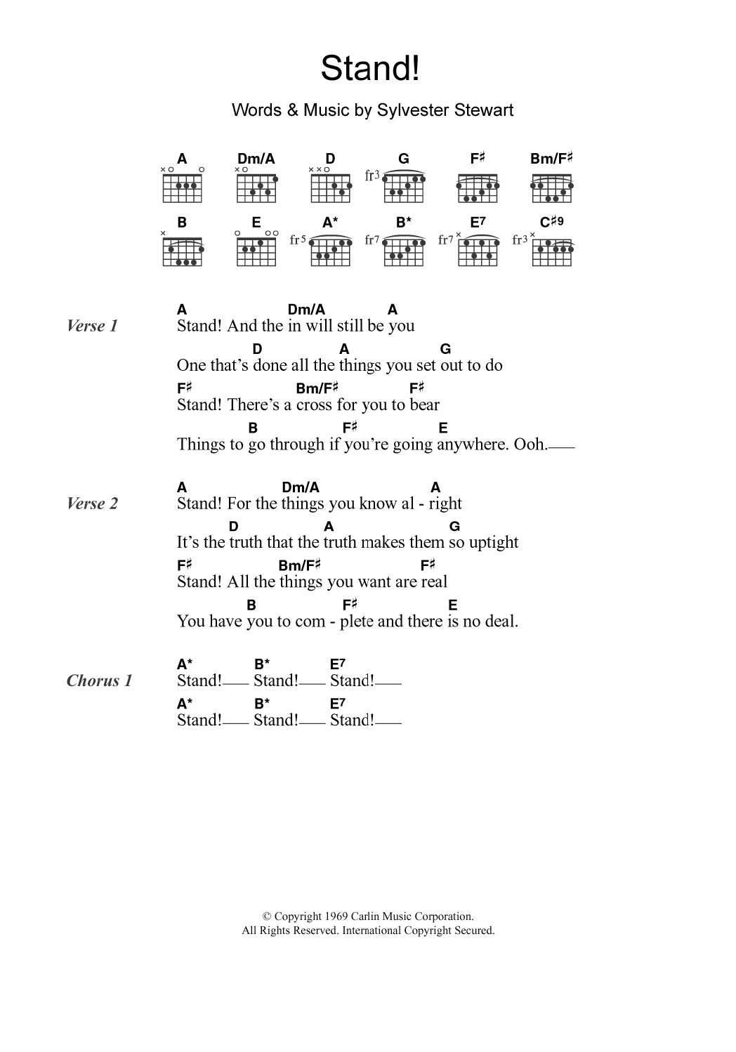 Download Sly & The Family Stone Stand! Sheet Music and learn how to play Lyrics & Chords PDF digital score in minutes